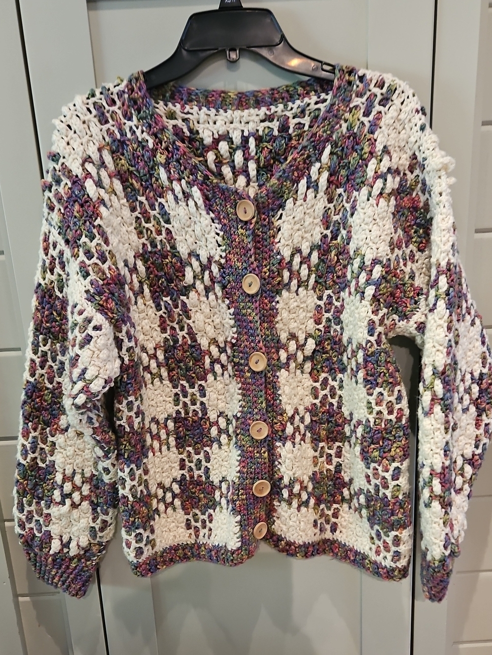 Hand Crafted Cream Cardigan with Multicolor Speckle Knit Ptp 21+ Wood Buttons